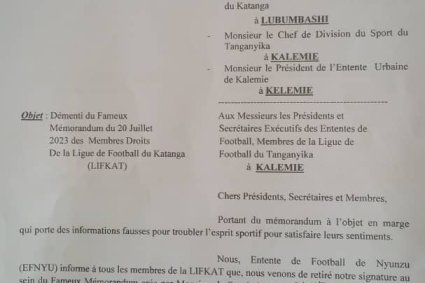 04 Août 20203, dans la province du Tanganyika: L’entente rurale de football de NYUNZU retire sa signature sur le mémorandum adressé au CONOR contre la LIFKAT.